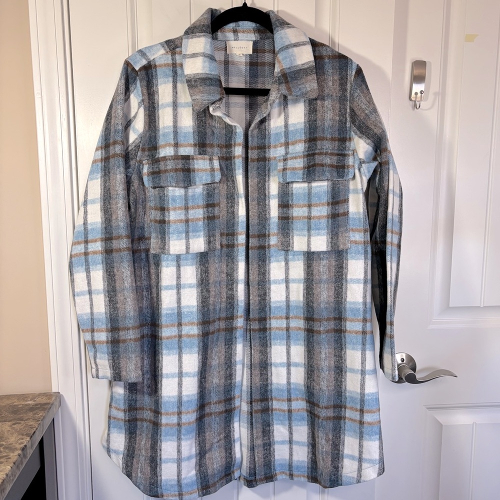 Melloday Plaid Oversized Open Shacket Shirt Blue Brown Gray Size Medium